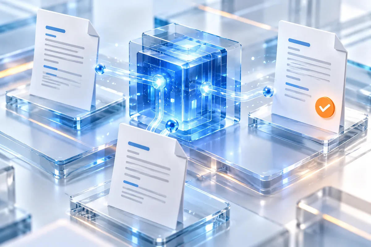 Conceptual glass AI core connecting documents through a reviewed workflow