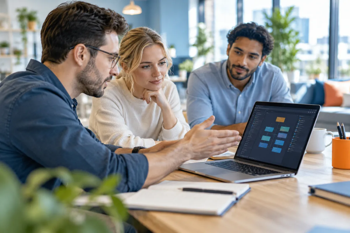 Software professionals discussing an application together